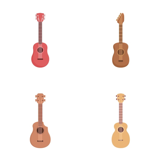 Los íconos de la guitarra hawaiana establecen el vector de dibujos animados pequeño ukulele acústico