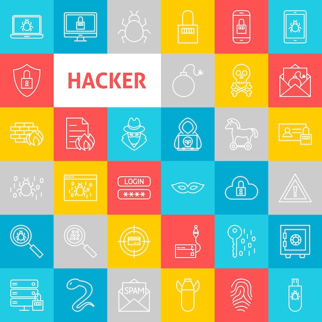 Iconos de hacker de línea de vector. Símbolos de crimen cibernético de contorno delgado sobre cuadrados coloridos.