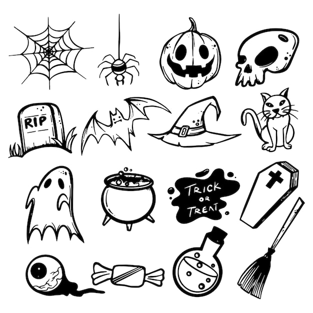 Iconos de halloween establecidos en una ilustración de vector de fondo blanco