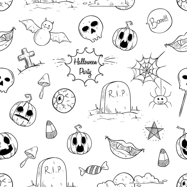 Iconos de halloween de patrones sin fisuras con estilo dibujado a mano o doodle