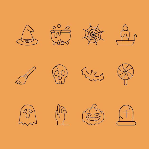 Iconos de Halloween sobre un fondo naranja. Conjunto de vectores. Todos los elementos están aislados.