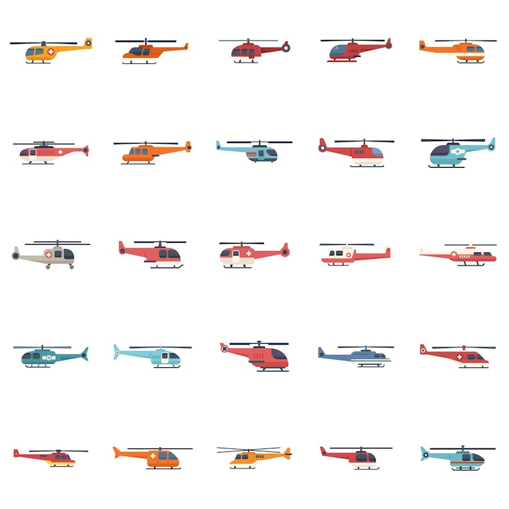 Vector iconos de helicóptero de rescate conjunto motor de aire de vector plano