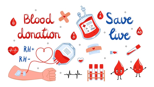 Iconos de hematología. Donar sangre, concepto de atención médica. Día Mundial del Donante de Sangre