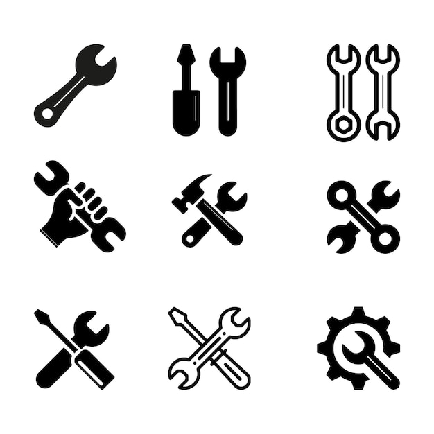 Iconos de herramientas establecidos Martillo y llave torniquete y llave de cerradura Ilustración vectorial