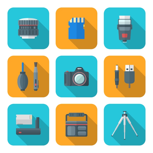 Iconos de herramientas de fotografía digital cuadrado de estilo plano de color