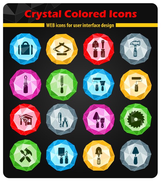 Iconos de herramientas de trabajo en cristales de botones de colores