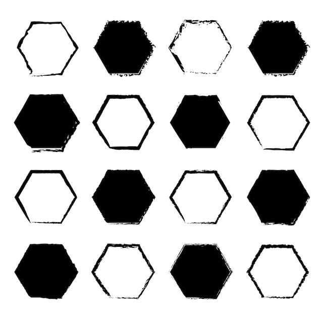 Iconos de hexágono grunge Vector dibujado a mano Formas negras abstractas Diseño de borde áspero