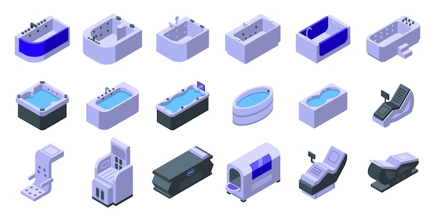 Los iconos de hidromasaje establecen un vector isométrico. agua termal. baño de parque