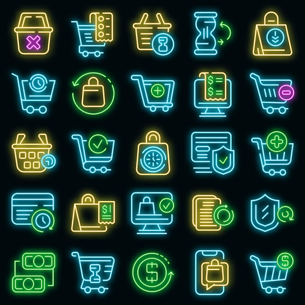 Iconos de historial de compras establecer neón vectorial