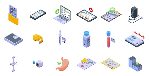 Iconos de historial de tratamiento conjunto isométrico vector Doctor computadora