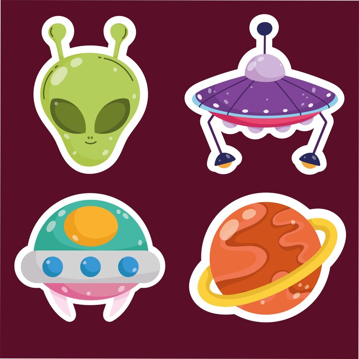 Vector los iconos de la historieta de la etiqueta engomada de la aventura de la nave espacial ovni alienígena del planeta espacial fijaron la ilustración