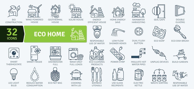 Iconos de hogares ecológicos Vida sostenible y eficiencia energética