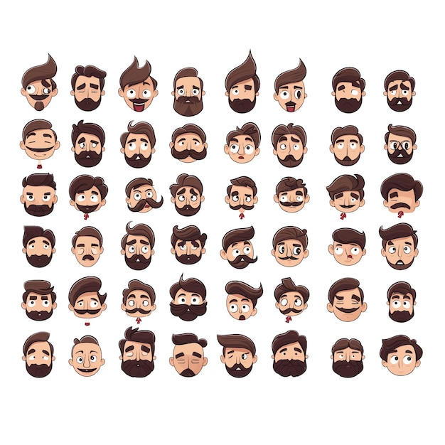 Vector iconos hoja de niño con bigote y barba con expresión diversa