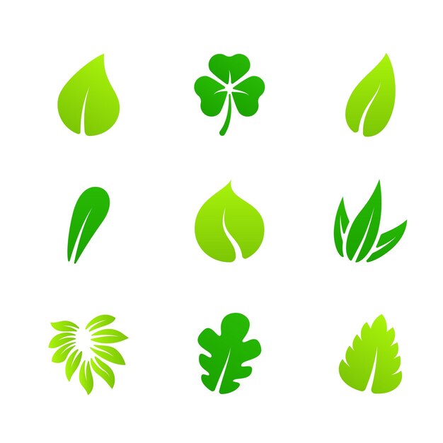 Iconos de hojas verdes. Hojas minimalistas degradadas, elementos vegetales simples concepto bio vegano ecológico. Vector