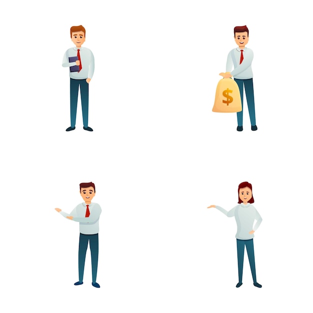 Iconos de hombre de negocios set vector de dibujos animados Hombre de negocios con bolsa de dinero Tomando préstamo en el banco