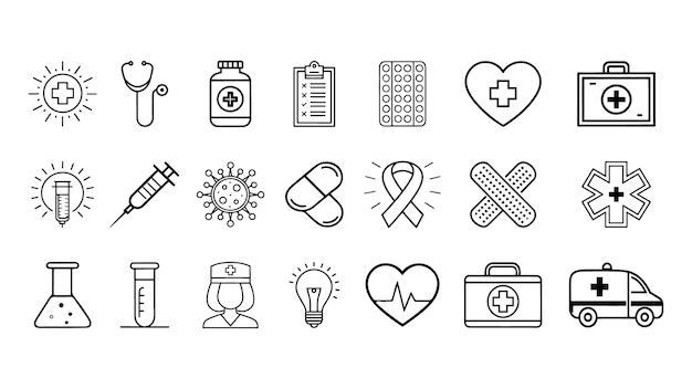 Iconos de hospitales y atención médica Contorno de trazo editable establecido en fondo blanco Ilustración vectorial plana