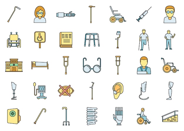 Los iconos de los hospitales para discapacitados establecen una línea de color vectorial