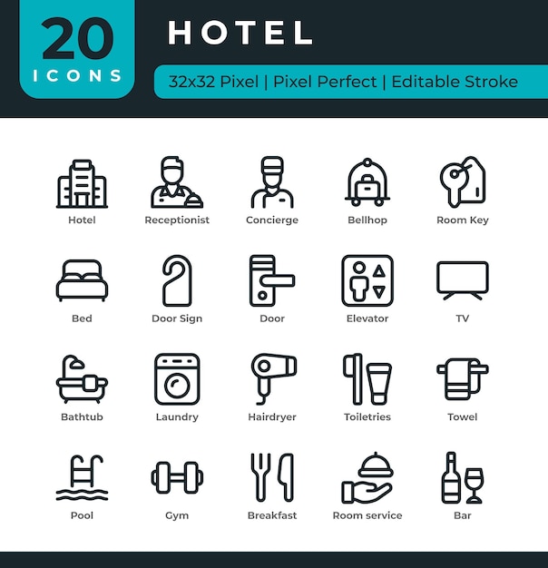 Los iconos de los hoteles se establecen en simples iconos de línea y trazos editables en 32 x 32 píxeles perfectos