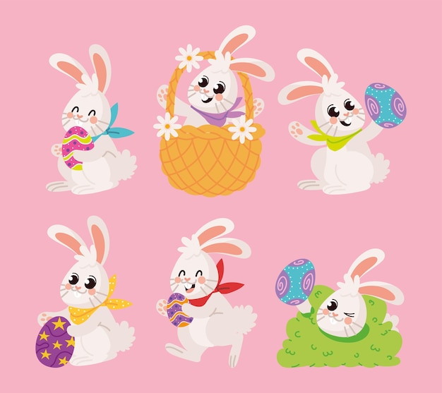 Vector iconos de huevos y conejos de pascua