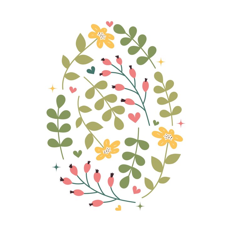 Iconos de huevos florales de Pascua Primavera abstracta Flores y hojas en silueta de huevo Objeto aislado en fondo blanco para impresión de pancartas de felicitación