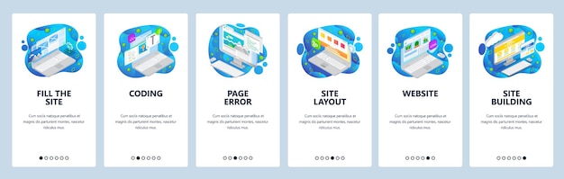 Iconos icométricos de wireframe y codificación de desarrollo del sitio web Pantallas de incorporación de aplicaciones móviles Plantilla de banner vectorial de menú para desarrollo móvil Diseño de sitio web Ilustración plana