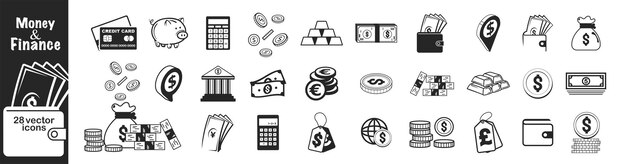 iconos Iconos de negocios Iconos de dinero Señales de finanzas Conjunto de billetera bancaria y monedas iconos de tarjeta de crédito Cambio de moneda y servicio de dinero Cashback Euro y Dólar