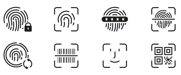 Iconos de identificación biométrica Establecimiento de huellas dactilares Verificación de pictogramas Protección de contraseñas
