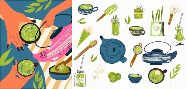 Iconos de ilustraciones de matcha chai