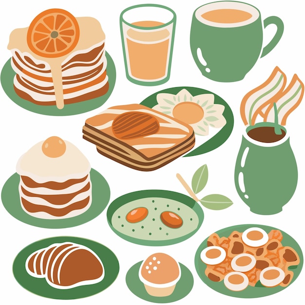 Iconos ilustrados de desayuno, comida y bebida