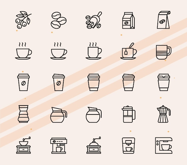 Iconos ilustrativos de artículos relacionados con el café para la marca de bebidas de cafetería y visuales de bebidas de café