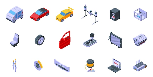 Iconos de impresión de coches 3d conjunto impresora de computadora vectorial isométrica