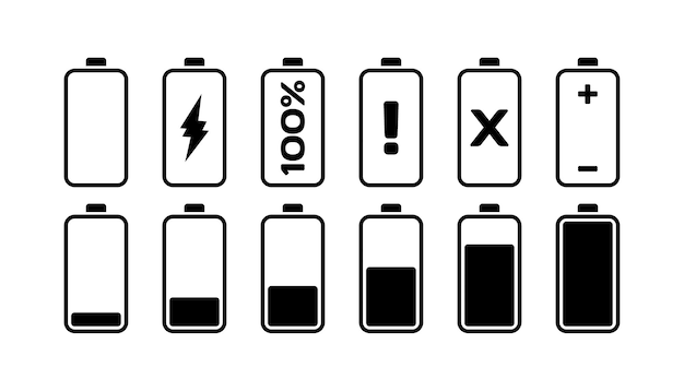 Iconos de indicador de batería Indicadores de estado de la batería Iconos vectoriales de advertencia de carga de esquema