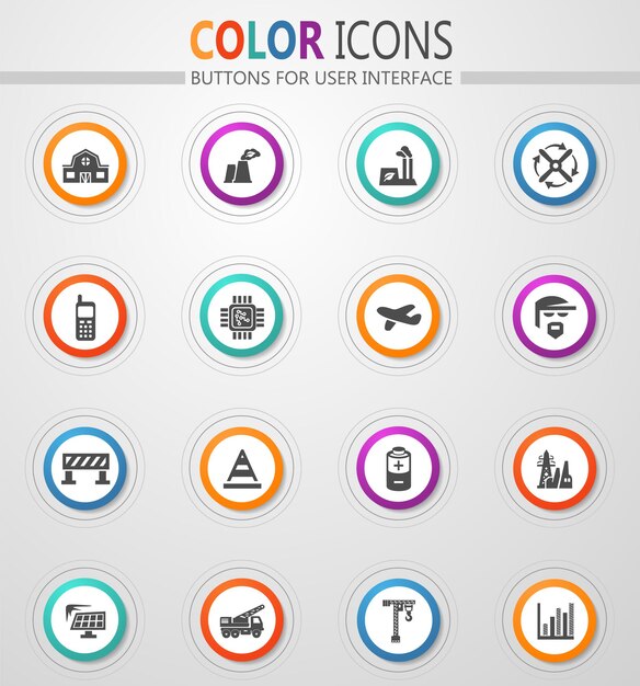 Iconos de la industria en botones blancos redondos con trazos de color