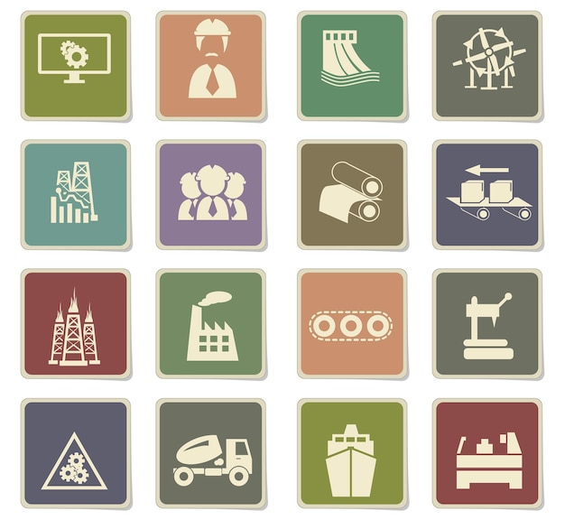 Iconos de la industria en pegatinas de papel cuadradas con sombra