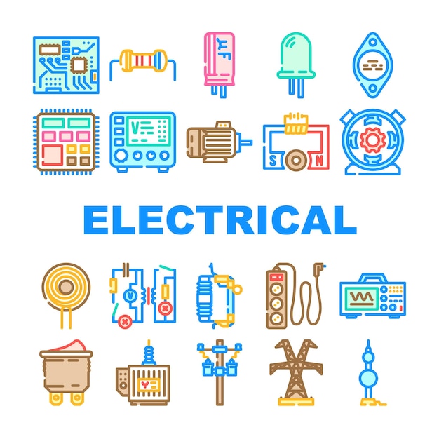 Los iconos de la industria del trabajador del ingeniero establecen el trabajo del técnico del vector mantenimiento eléctrico electricista tecnología energía computadora ingeniero trabajador industria línea de color ilustraciones