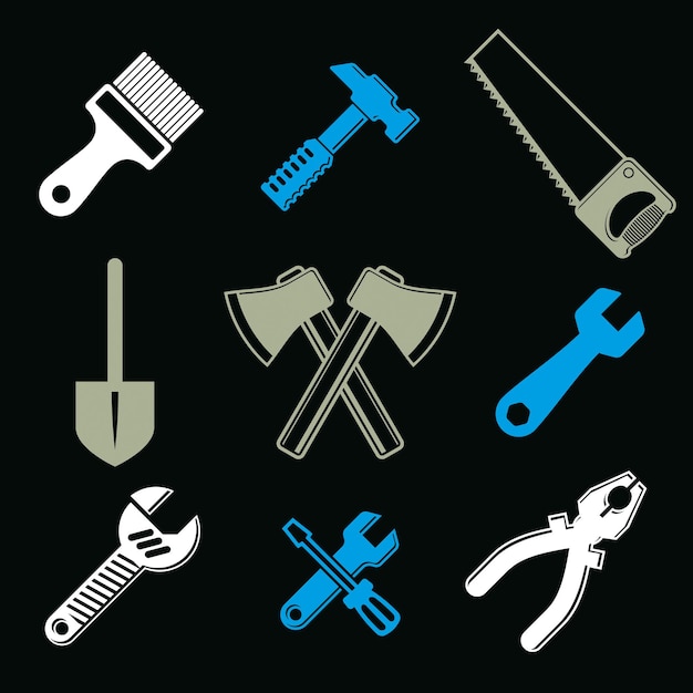 Iconos industriales estilizados, colección de herramientas de trabajo de vector 3d. Conjunto de instrumentos de reparación, utensilio de fabricación y construcción.