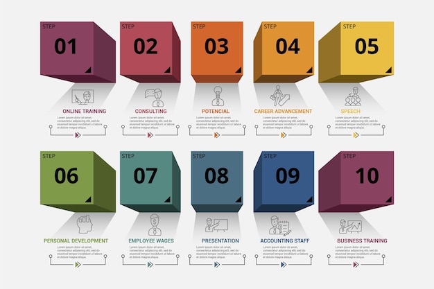 Los íconos infográficos de plantillas de capacitación empresarial en diferentes colores incluyen consultoría de capacitación en línea