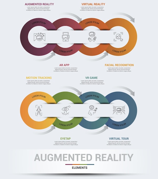 Los íconos infográficos de plantillas de realidad aumentada en diferentes colores incluyen la aplicación ar de realidad aumentada