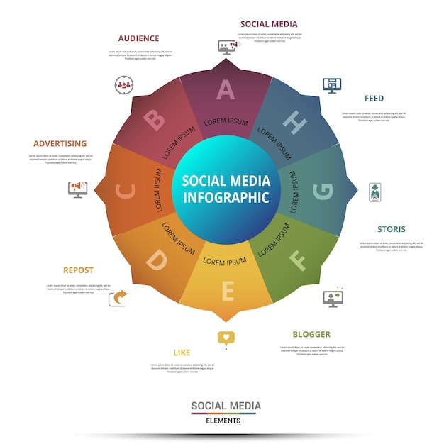 Iconos infográficos de plantillas de redes sociales en diferentes colores