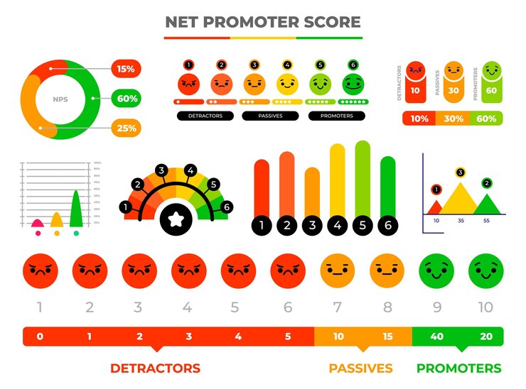 Vector iconos infográficos de puntuación de promotor neto iconos de emoción de retroalimentación
