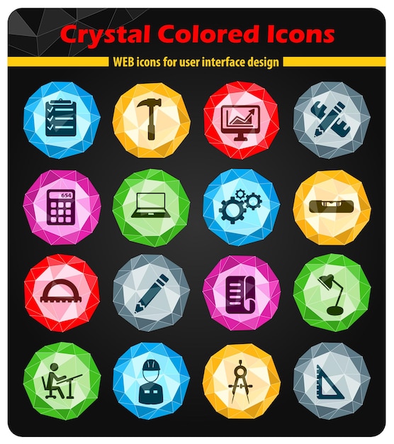 Iconos de ingeniería en cristales de botones de colores