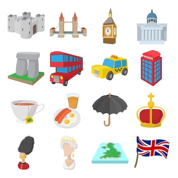 Iconos de inglaterra en estilo de dibujos animados aislado