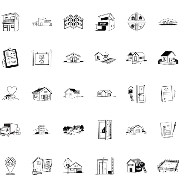 Iconos inmobiliarios casas apartamentos llaves y señales de venta