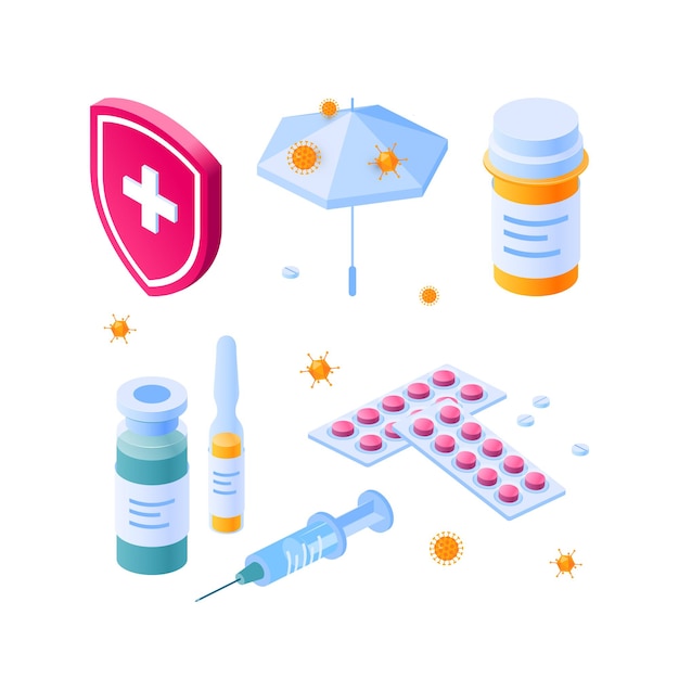 Iconos de inmunidad para diseños médicos en vista isométrica