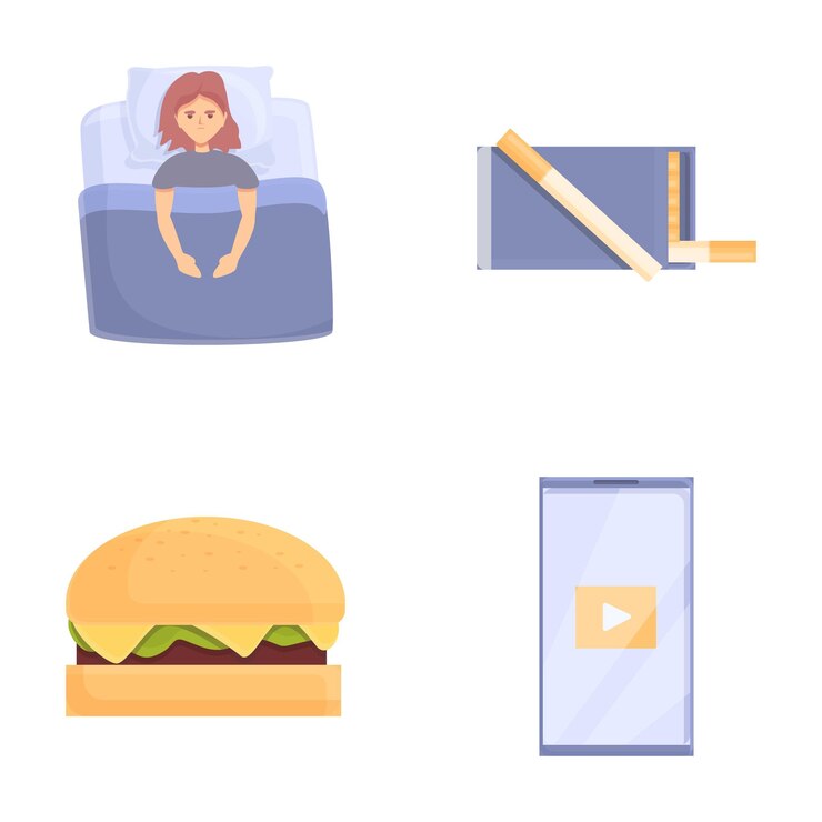 Vector los iconos de insomnio establecen el vector de dibujos animados factor que interfiere con el sueño