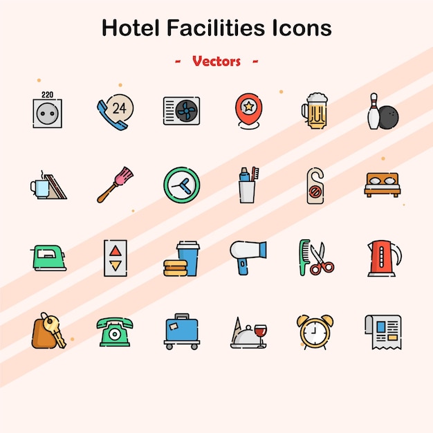 Iconos de las instalaciones hoteleras - Ilustración vectorial