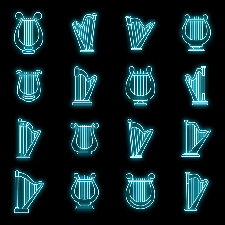 Vector iconos de instrumentos de arpa con neón vectorial