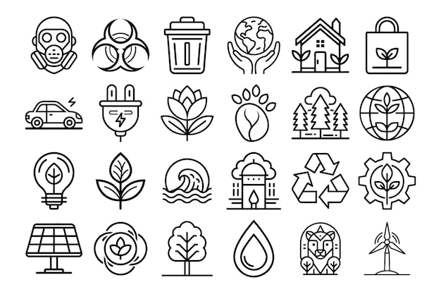 Iconos integrales de arte de línea para proyectos de conciencia ambiental, sostenibilidad y vida verde