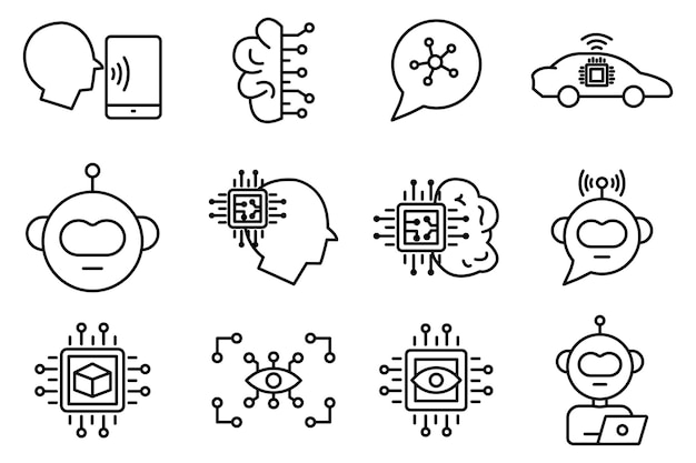 Iconos de Inteligencia Artificial: cabeza robótica, brazo robótico, visión por computadora, datos grandes, icono de línea plana.