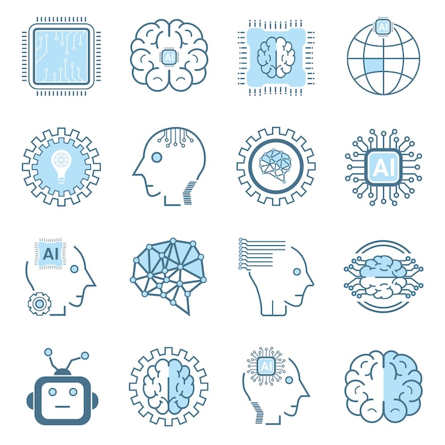 Iconos de inteligencia artificial Colección de símbolos de máquina alineada aislada Iconos inteligentes de IA y robótica